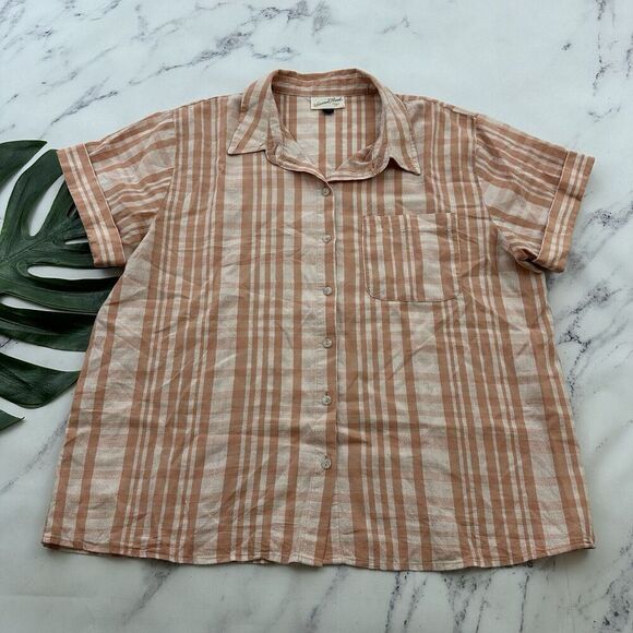 Universal Thread Womens Button Up Top Size L Orange White Plaid Short Sleeve - Picture 1 of 12